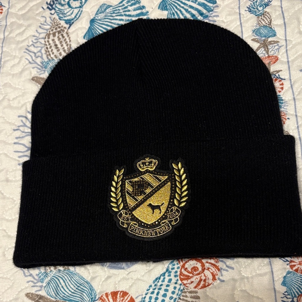 NWOT “Love Pink” black & gold rhinestoned winter beanie from Victoria Secret